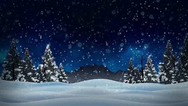 Seamless animation white snowy and snow winter landscape with dry and christmas trees and mountain background and snowflakes falling in snow blue sky snowy concept in 4k