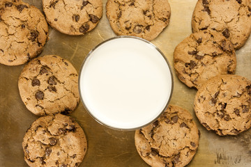 Chocolate chips cookies on tray with glass of milk