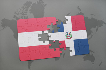 puzzle with the national flag of austria and dominican republic on a world map background.
