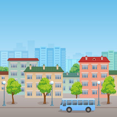 городская улица с домами, деревьями, фонарями и голубым автобусом - obrazy, fototapety, plakaty