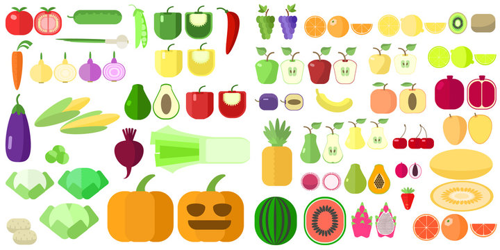 Fruit and vegetables set. Vector flat products