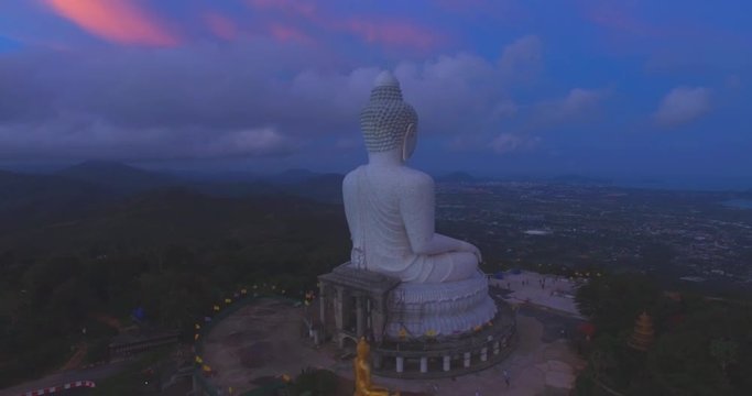 aerial photography big Buddha at sweet sunset time