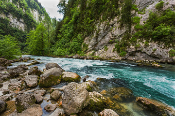 Landscape in Abkhazia with Caucasian ridge and river