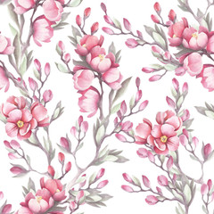 Fototapeta na wymiar Seamless pattern with the Japanese quince. Watercolor illustration.