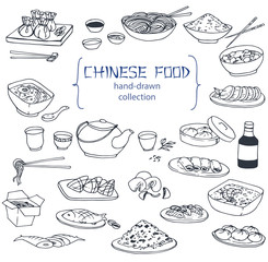 Hand-drawn collection of the different chinese food. Line art set of the food icons.