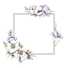 Frame with anemones. Hand draw watercolor illustration.