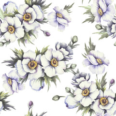 Seamless pattern with anemones. Hand draw watercolor illustration