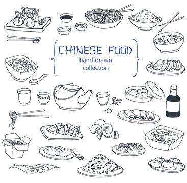 Hand-drawn collection of the different chinese food. Line art set of the food icons.