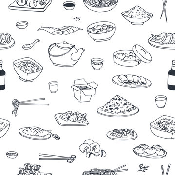 Doodle seamless pattern with different chinese food. Repeated background with food.