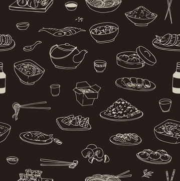 Doodle seamless black pattern with different chinese food. Repeated background with food.