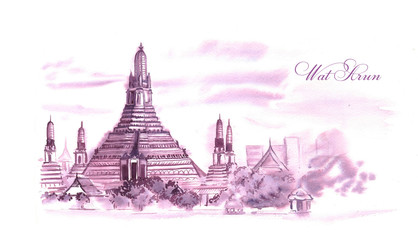 Hand-drawn watercolor drawing of the Thailand landscape and famous building. Illustration of the Wat Arun