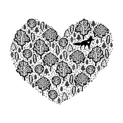 Forest and trees. Heart. Fox. Isolated vector object on white background.
