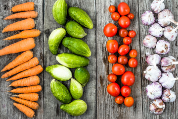 Various raw vegetables, flat lay, overhead 
