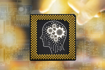 Machine learning and artificial intelligence concept. Robot with Brain connection learning on central processor (cpu). Abstract Electric circuits background and flare light