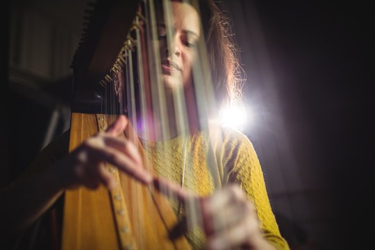 Woman playing a harp in music school