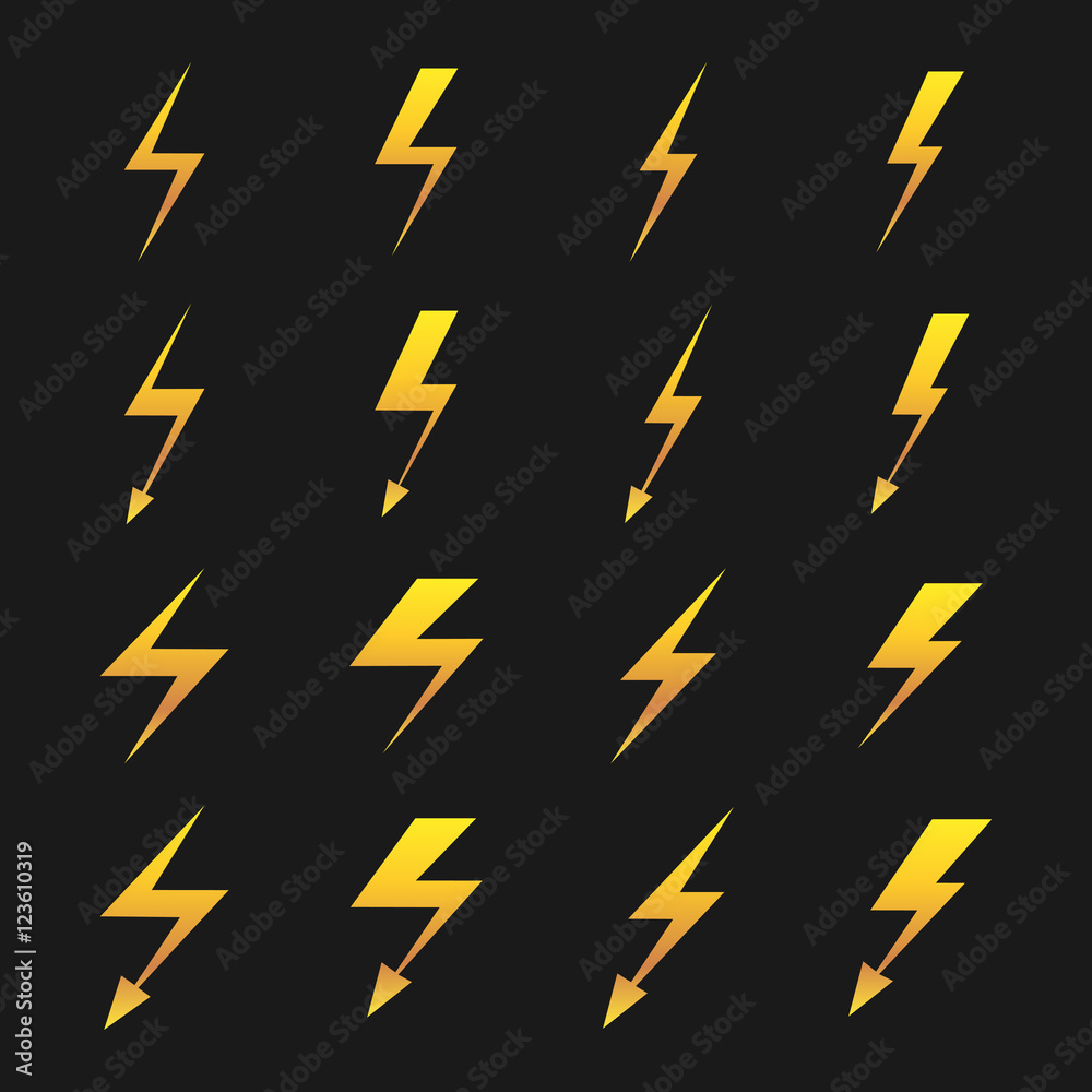 Poster Set of yellow lightnings isolated over black