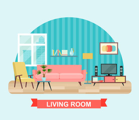 Living room interior concept with furniture set. Flat vector illustration