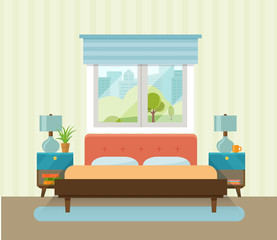 Interior space bedroom with a bed near a window. Vector flat illustration