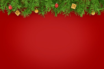 Fototapeta na wymiar Christmas fir tree decoration and box gift on red background , Christmas concept and copy space 3d rendering