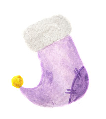 Isolated watercolor sock. Sock for Christmas and New Year. Bright colorful piece of clothes.