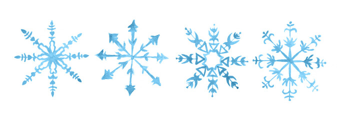 Watercolor snowflackes set on white background. Symbol of winter. Beautiful decoration.