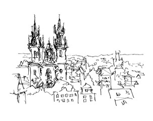 black and white ink sketch line drawing of Prague old town top c