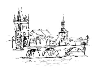 black and white ink sketch line drawing of Prague old town top c