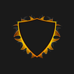 Emblem with flames behind. Dark vector background.