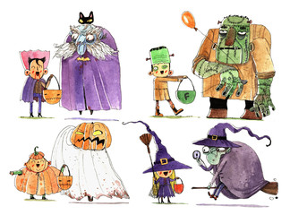Watercolor halloween cartoon illustration, fun illustration isolated on white background