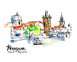 watercolor freehand sketch drawing of Prague Czech Republic top 