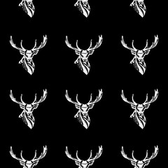 Pattern deer head, icon. Repeated, seamless, hand drawn. Black background.
