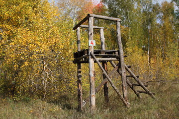 Log hunting tower for wild hogs hunting against a blue sky in the September forest