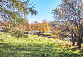 across the river bridge in the autumn park