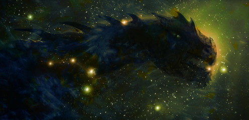 Cosmic dragon in space and stars, green cosmic abstract background.