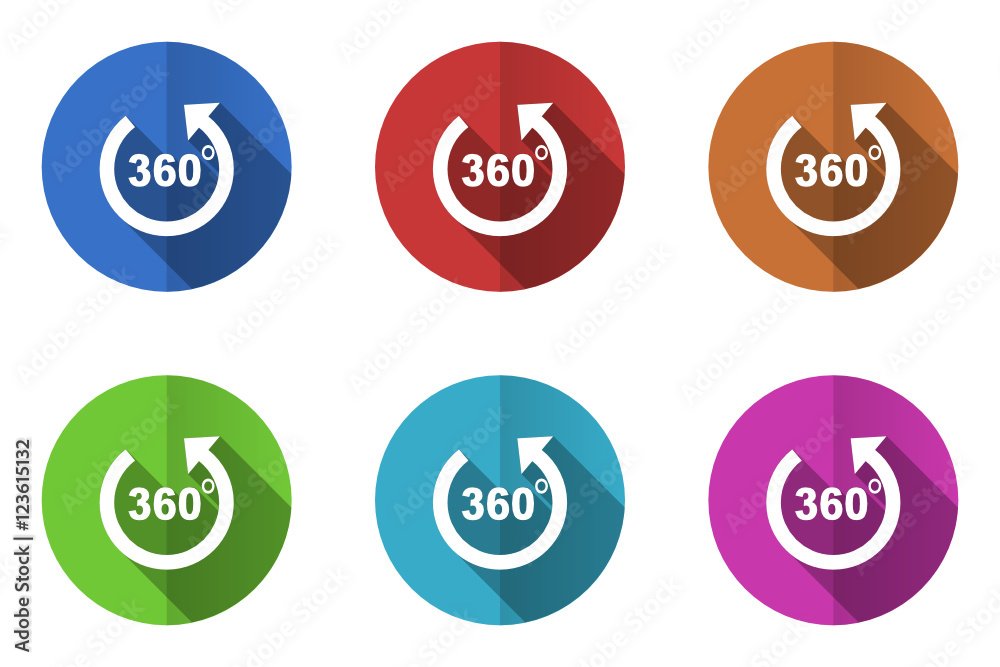 Poster Flat design colorful web panorama vector icons. Round virtual travel symbols.