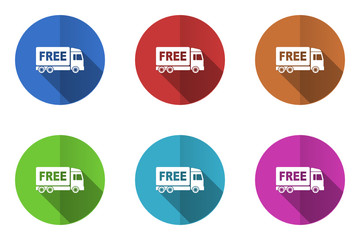 Flat design colorful web free delivery vector icons. Round truck symbols.