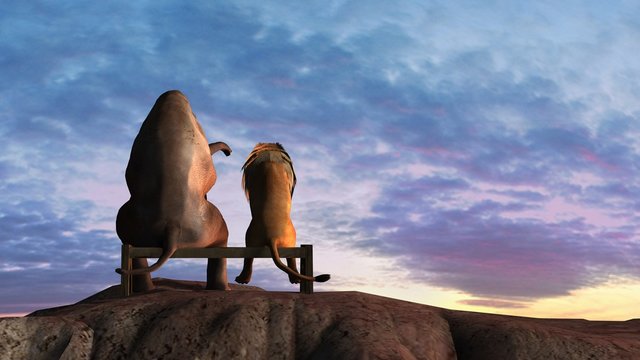 Elephant and giraffe on a mountain top sit on a bench at sunset