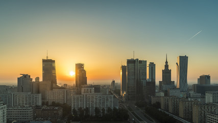 Naklejka na ściany i meble Warsaw Downtown Sunrise aerial view, Poland