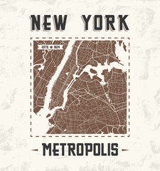 New York vintage t-shirt graphic design with city map.