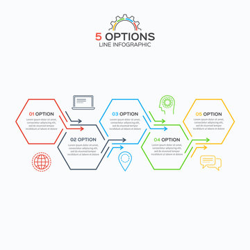 Thin line infographic template with 5 hexagons options