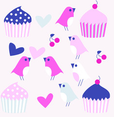 Süße Cupcakes und Vöglein Vektor Illustration