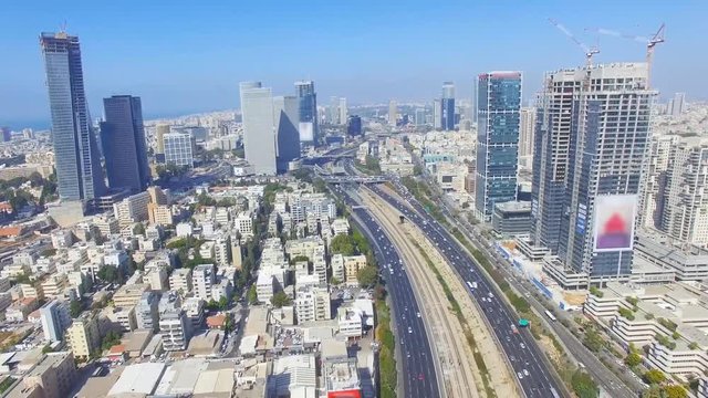 Tel Aviv skyline - Aerial footage of Tel Aviv's center with Ayalon freeway