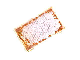 Honey in honeycombs on a white background