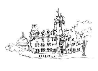doodle black and white ink sketch drawing of famous place in Lon