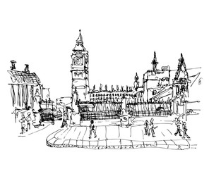 black and white ink sketch drawing of famous place in London,  B