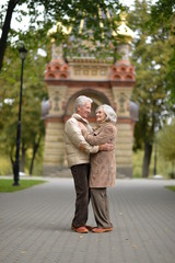 Beautiful elderly couple walking in the autumn park