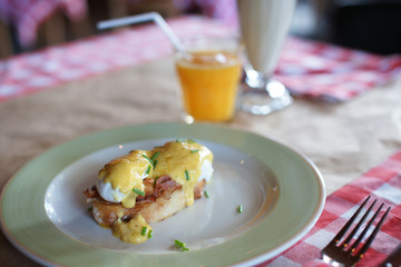 Breakfast on the table in the restaurant.