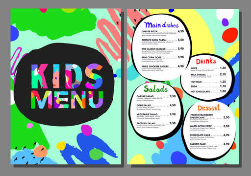 Cute colorful meal kids menu template. Vector illustration