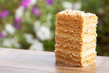 A piece of cake outdoors. Background from flowers. Close-up. Selective focus.