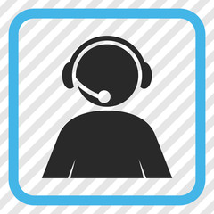 Call Center Operator blue and gray vector icon. Image style is a flat icon symbol inside a rounded square frame on a transparent diagonally hatched background.